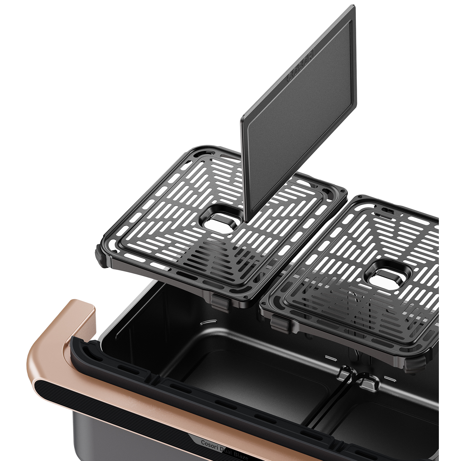 Goudkleurige en zwarte airfryer met dubbele mand en scheidingsplaat.