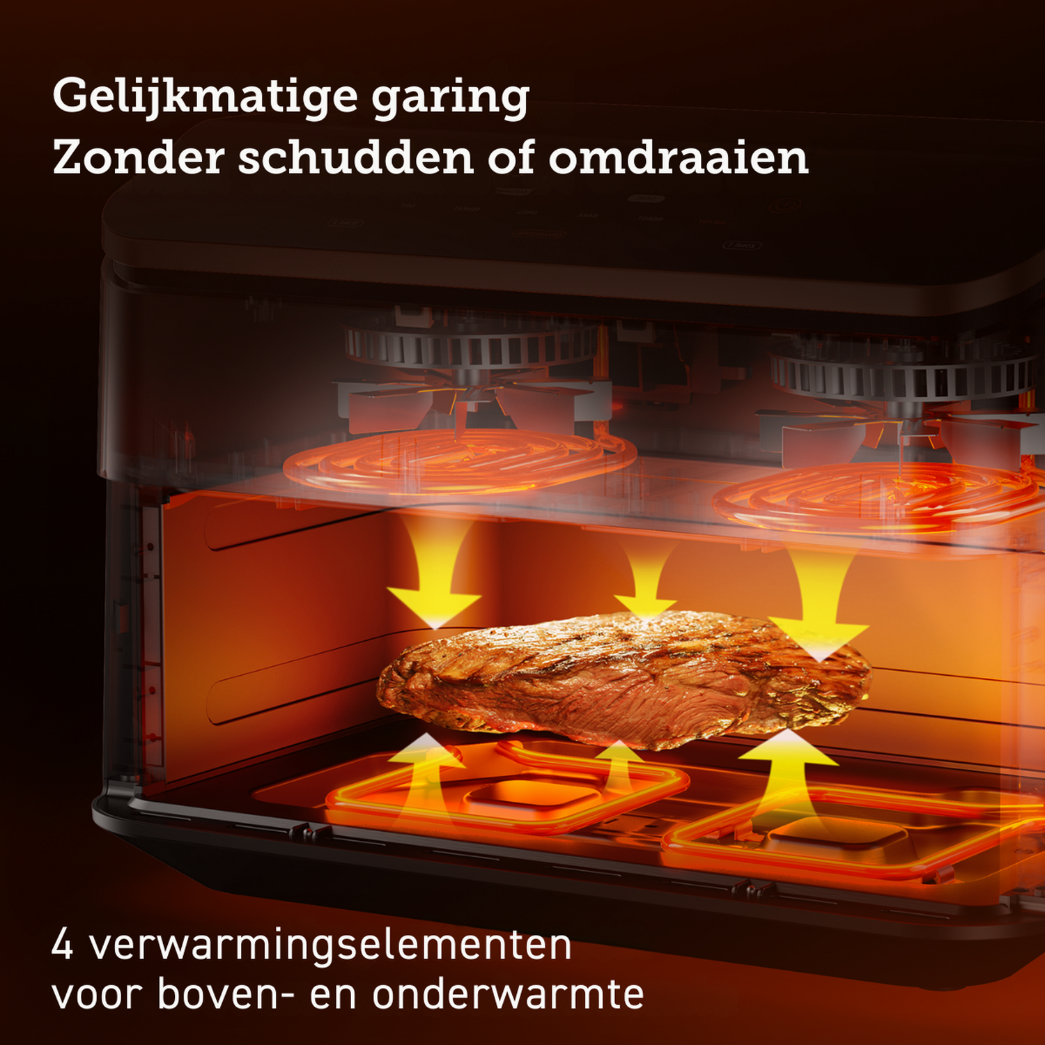 Een gebraden vlees gaart in een oven met vier verwarmingselementen voor boven- en onderwarmte.