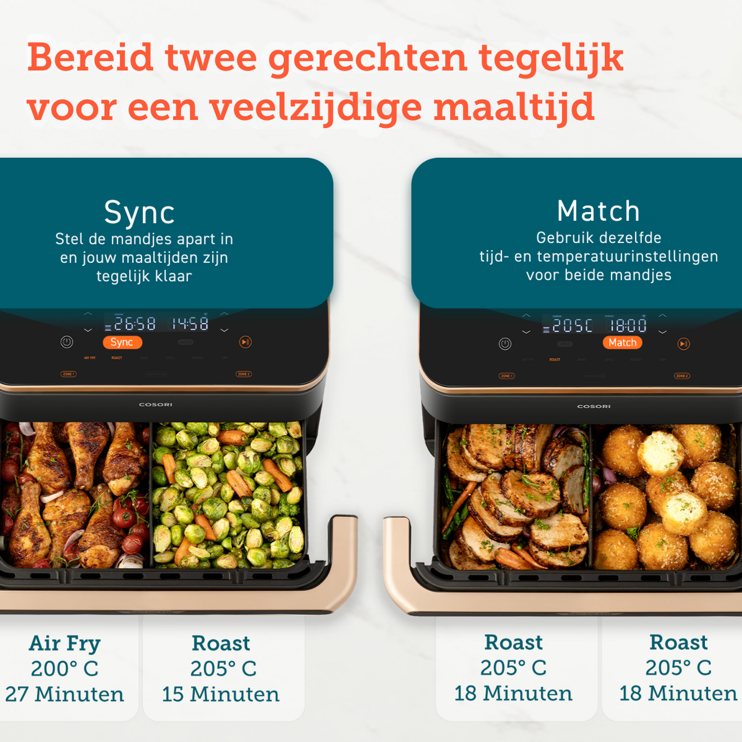 Twee airfryers naast elkaar tonen verschillende maaltijden.