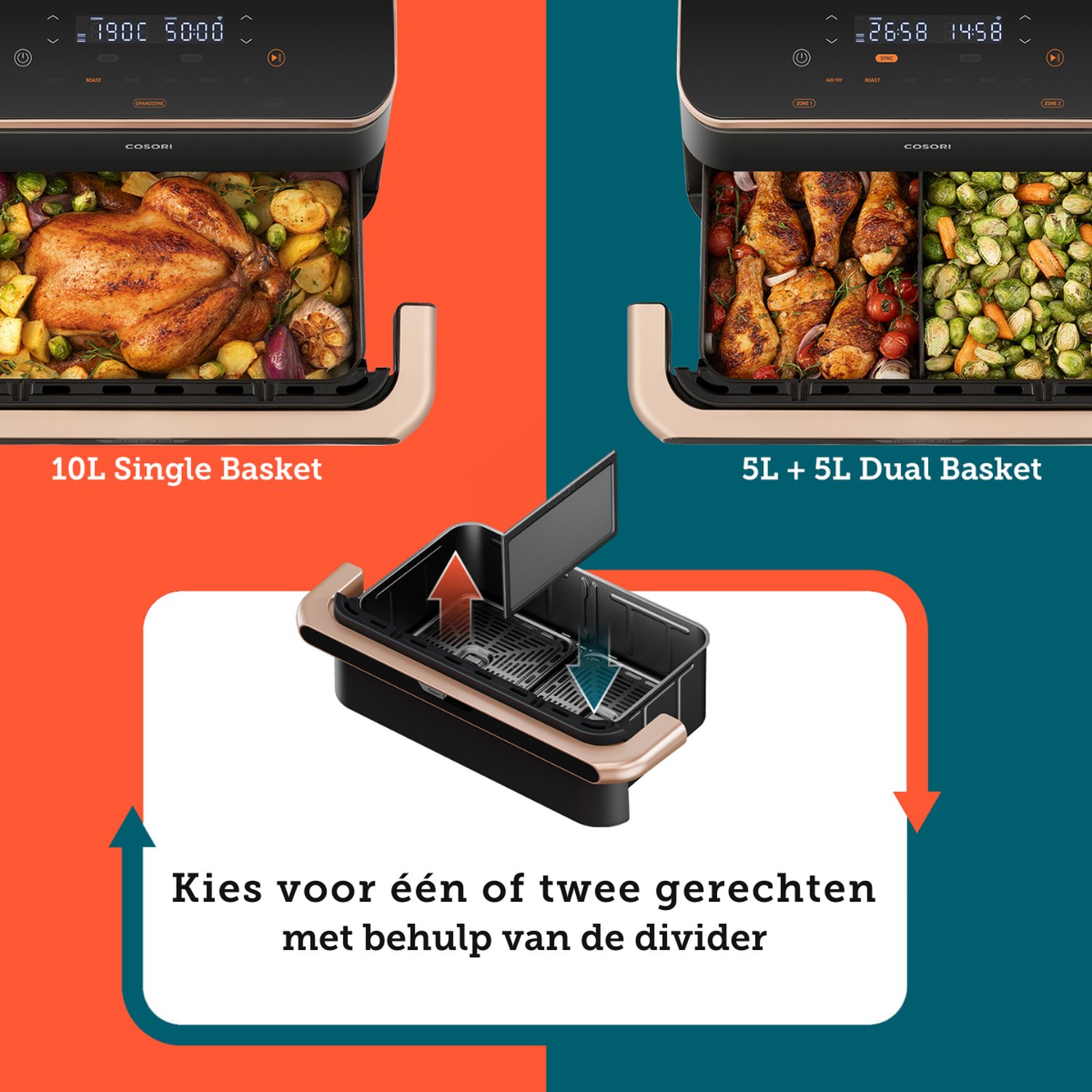 Een Cosori 10L enkele mand airfryer toont een hele kip met aardappelen.
