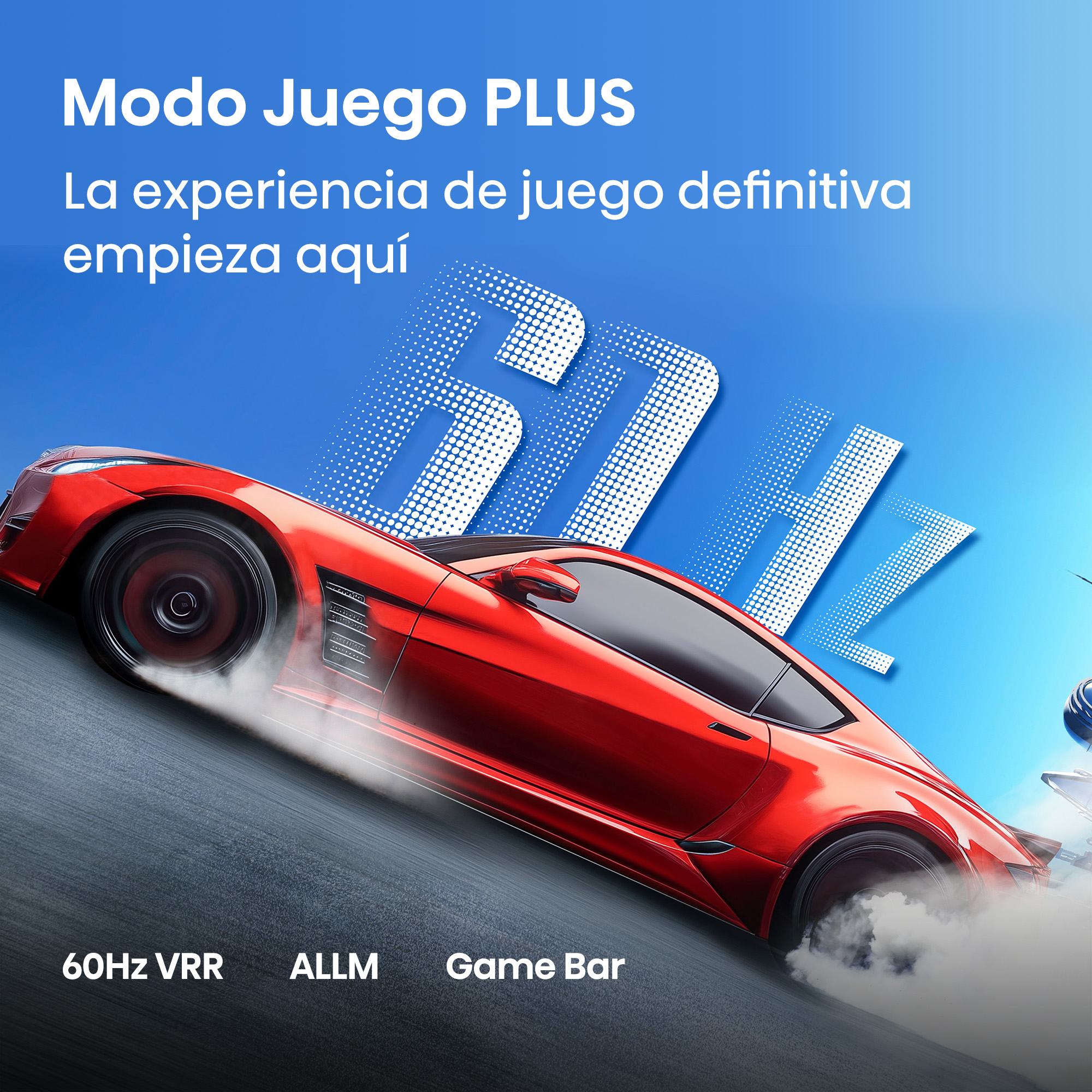 Coche deportivo rojo con humo, 60Hz VRR, ALLM, Game Bar