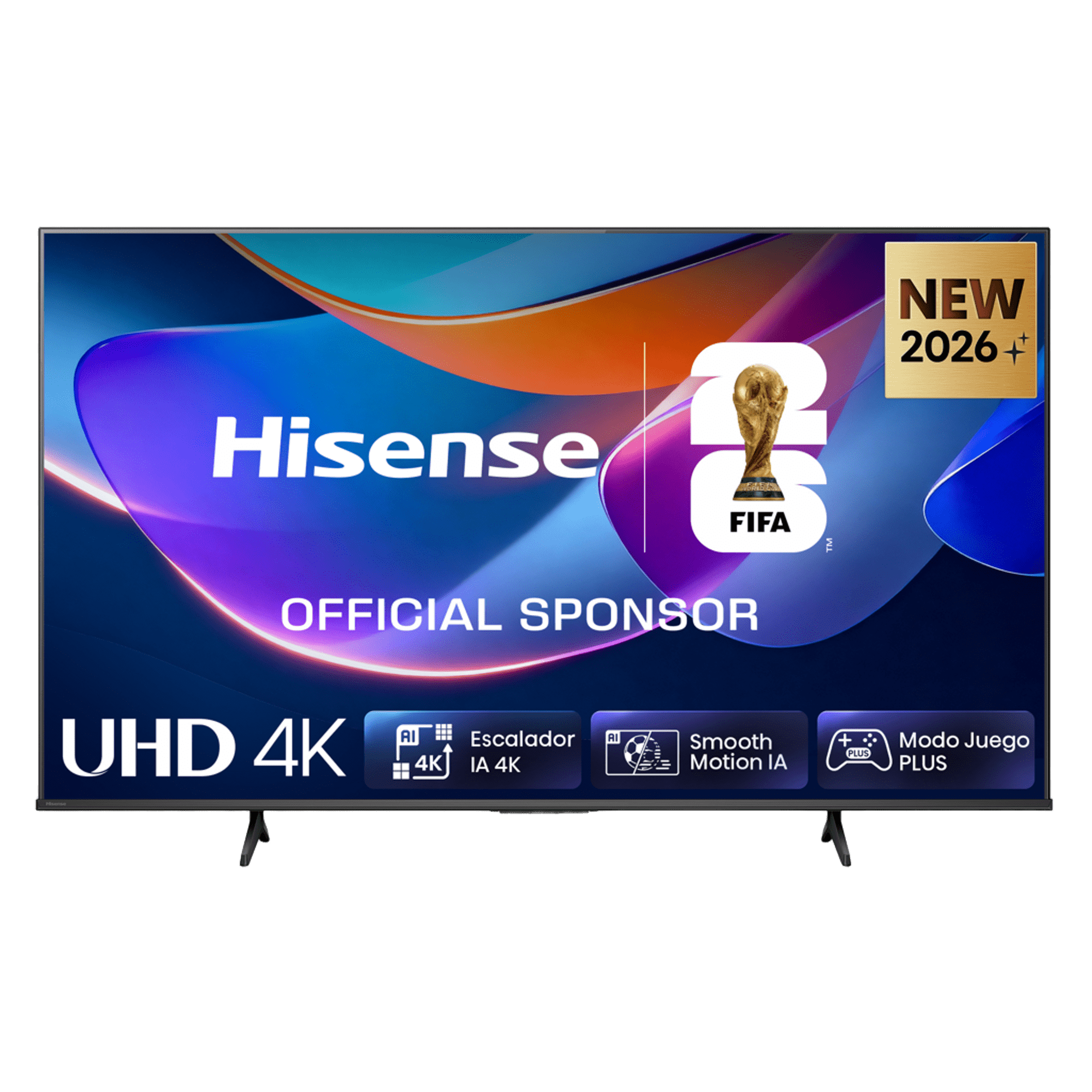 Un televisor Hisense UHD 4K con logo FIFA, "New 2026+" y características.