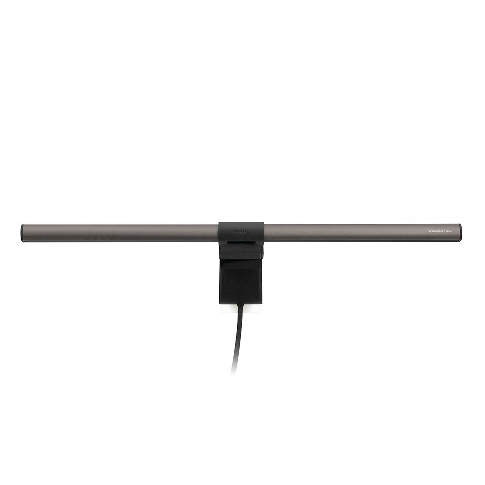 Eine graue BenQ Screenbar Halo mit schwarzer Halterung und Kabel.