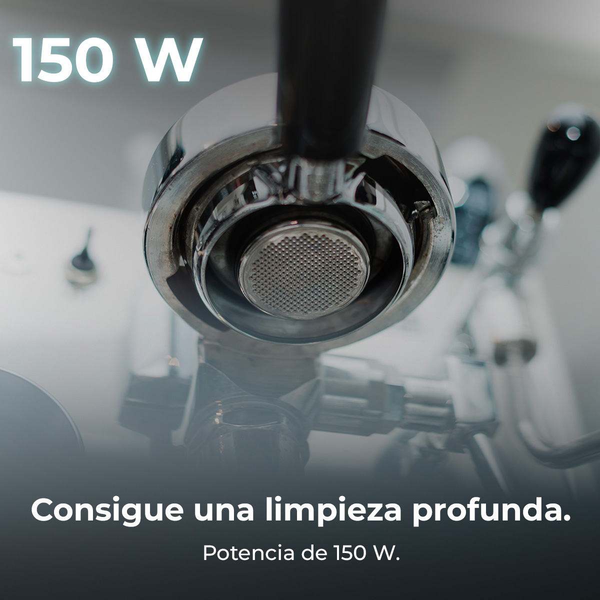 Primer plano de grupo de cafetera, potencia de 150 W.
