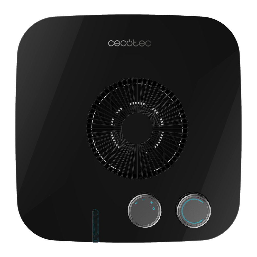 Purificador de aire negro con ventilador y dos diales.