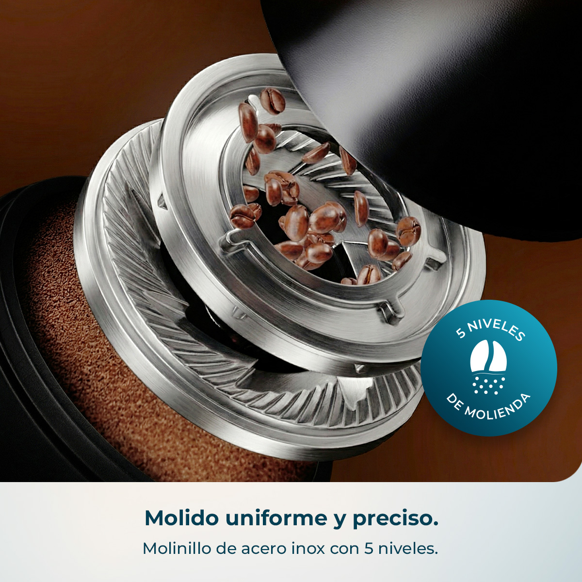 Granos de café se muelen en molinillo de acero con 5 niveles.
