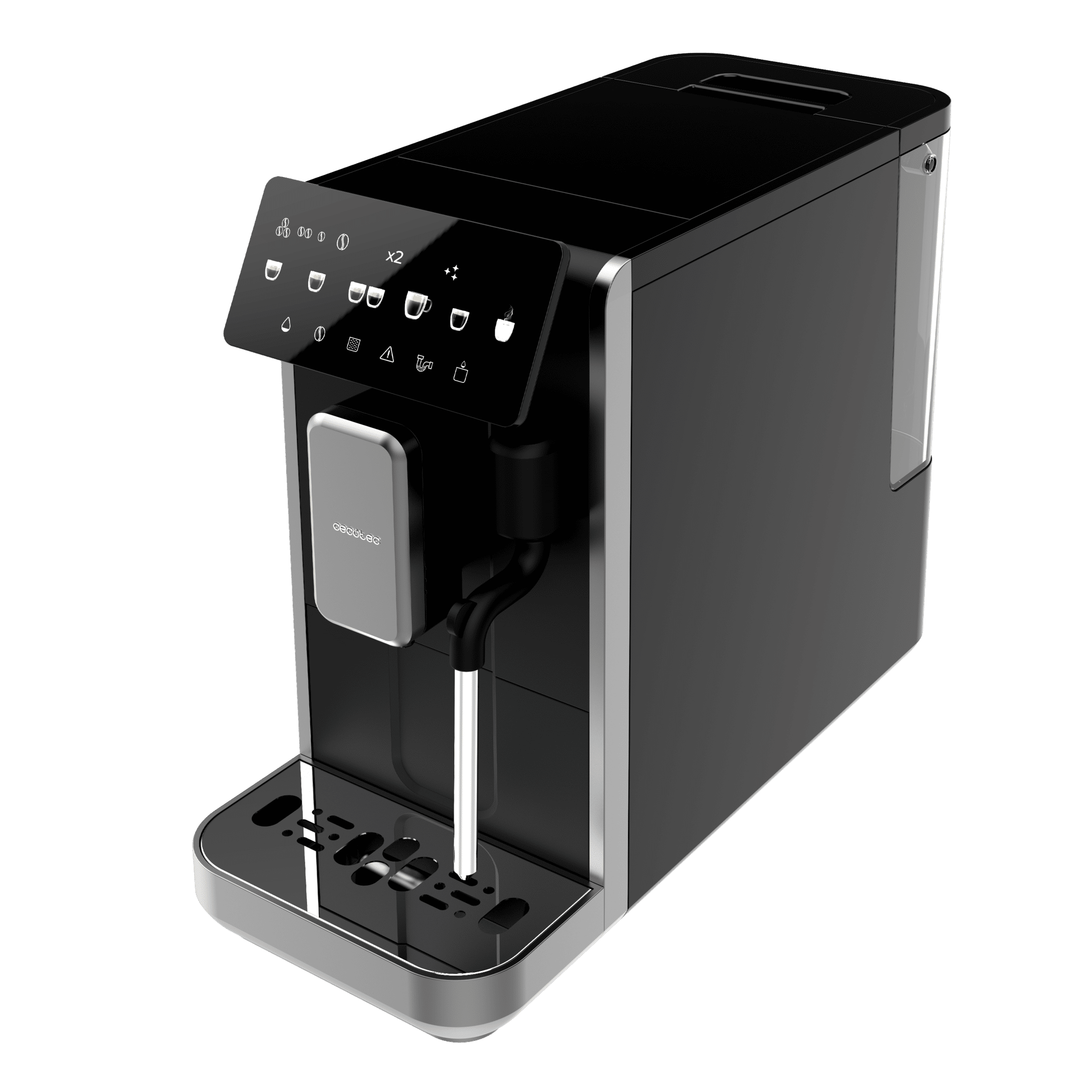 Cafetera negra con panel de control táctil y detalles plateados.