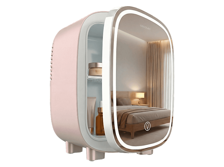 Nevera de cosméticos - Cecotec CoolingBeauty 4000 Mirror Rose, 4 L, Espejo, Luz LED 3 intensidades, Enfriamiento 5 ºC, Silenciosa, Rosa