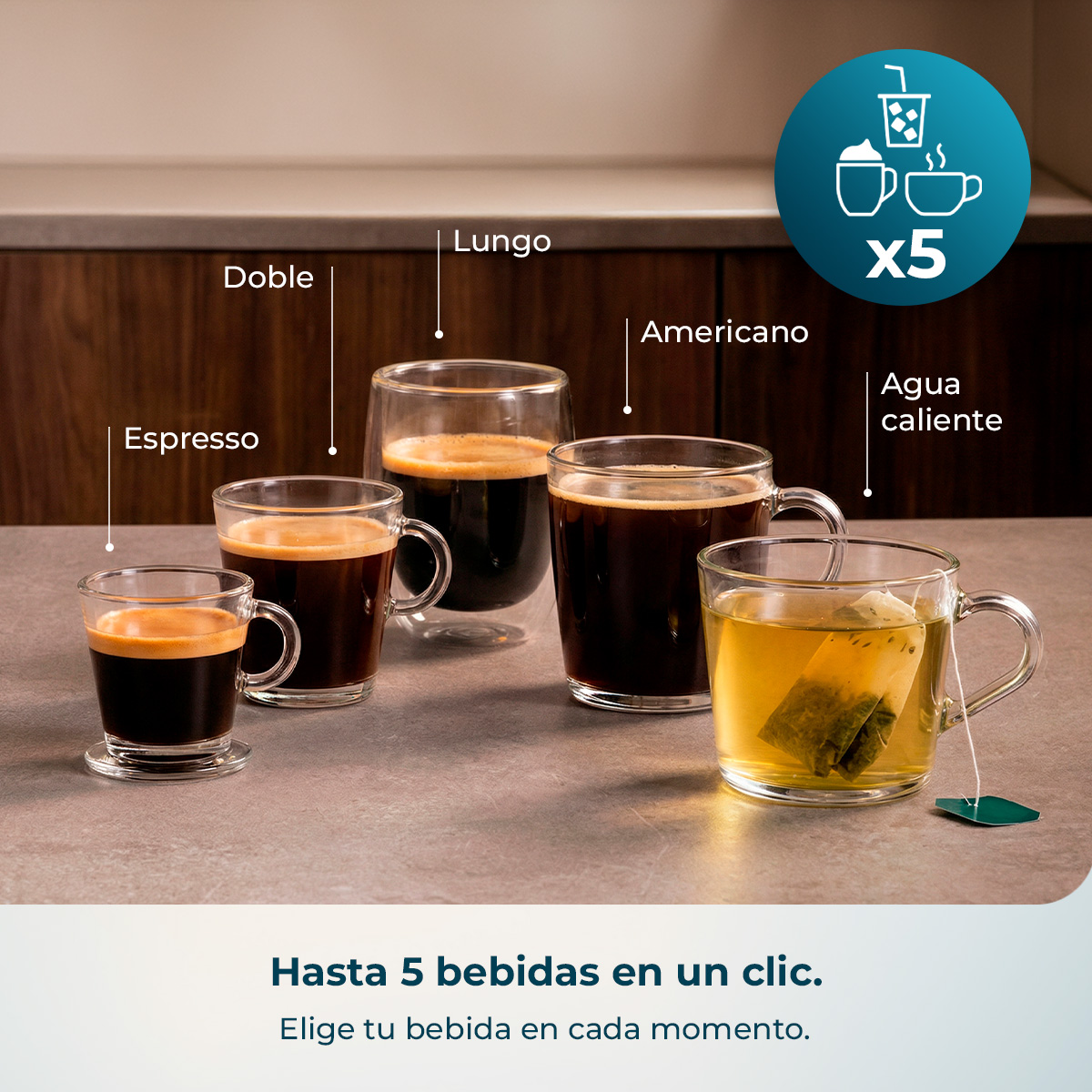 Cuatro cafés y un té, etiquetados Espresso, Doble, Lungo, Americano y Agua Caliente.