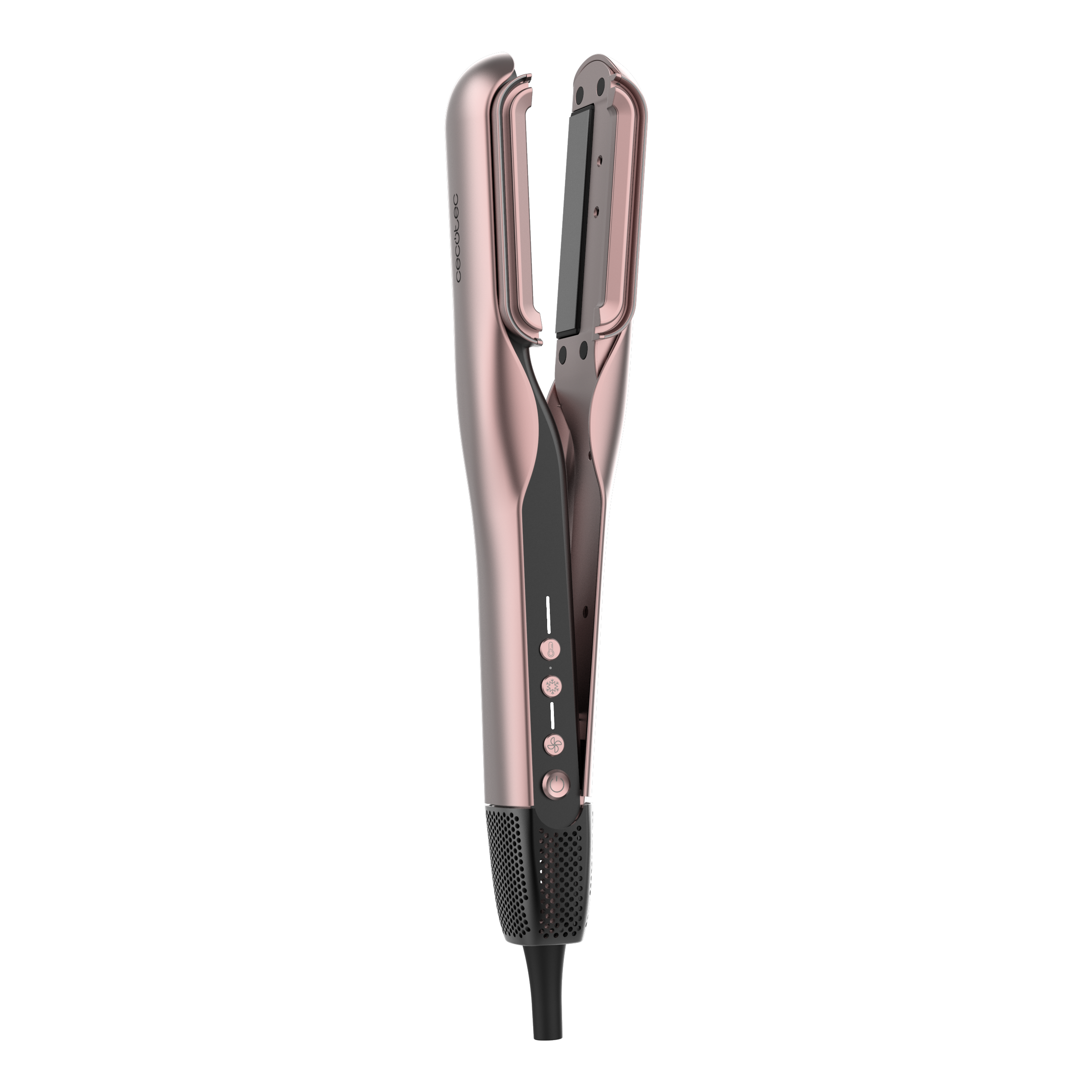 Una plancha de pelo color oro rosa con controles y rejillas de ventilación negros.