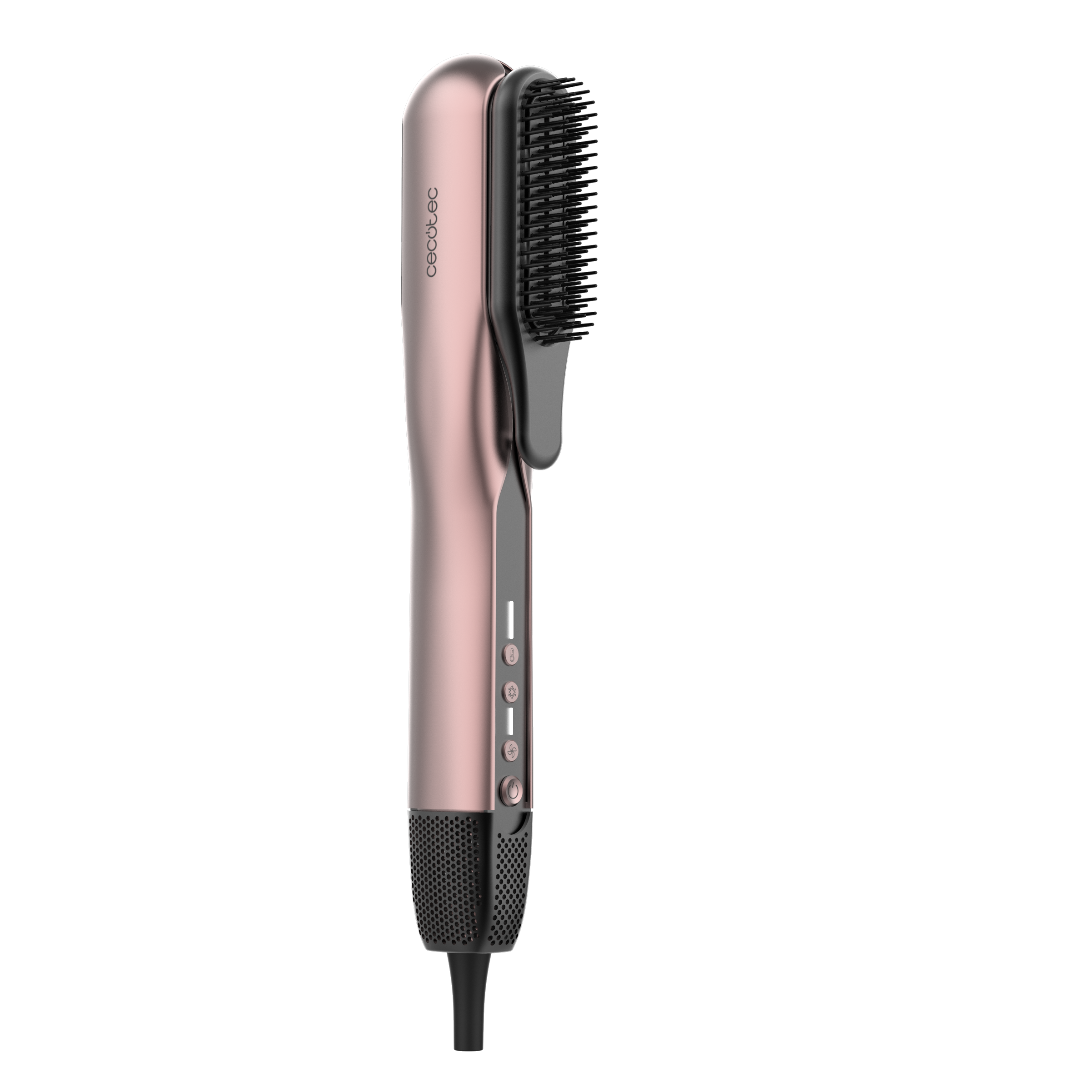 Una plancha de pelo color oro rosa con cerdas negras y controles.