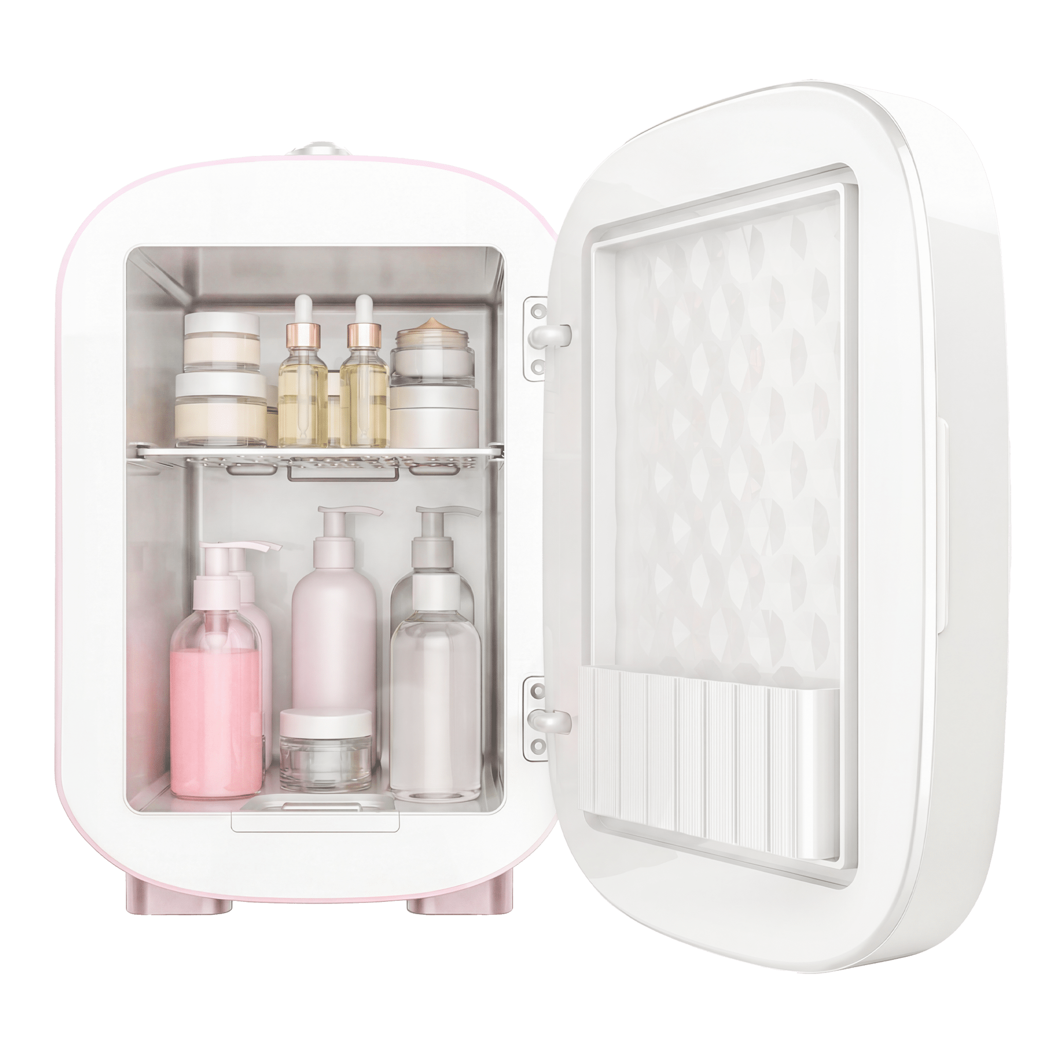 Una nevera cosmética blanca con puertas abiertas, llena de productos para el cuidado de la piel.
