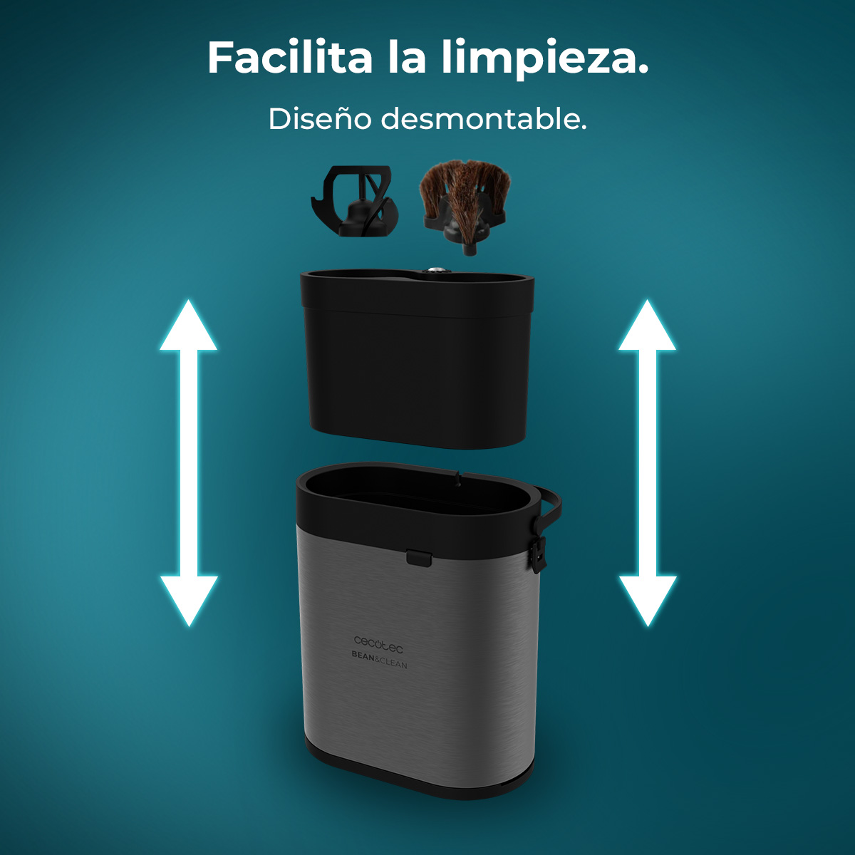 Un aspirador desmontado con cepillo y depósito.