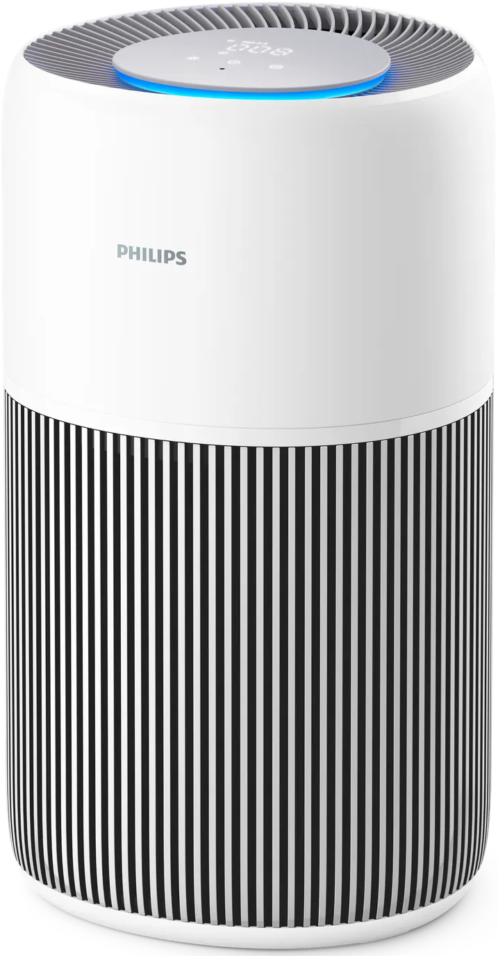 Un purificatore d'aria Philips bianco con motivo a strisce nere e illuminazione blu.