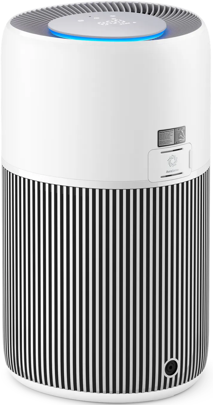 Un purificatore d'aria bianco con strisce nere in basso e luce blu in alto.
