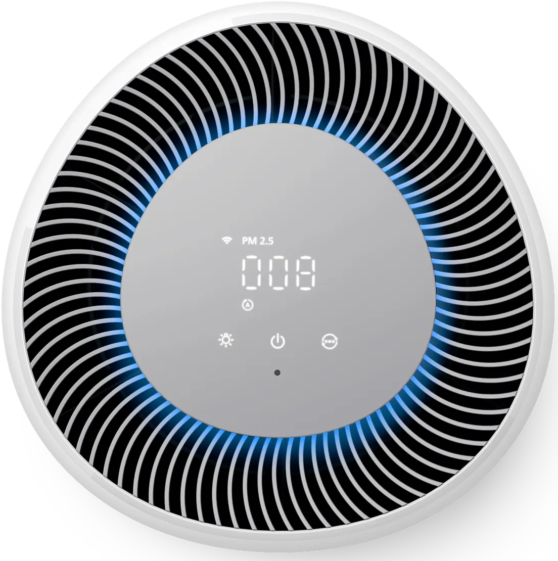Purificatore d'aria bianco con anello blu illuminato e display digitale che mostra il valore PM 2.5.