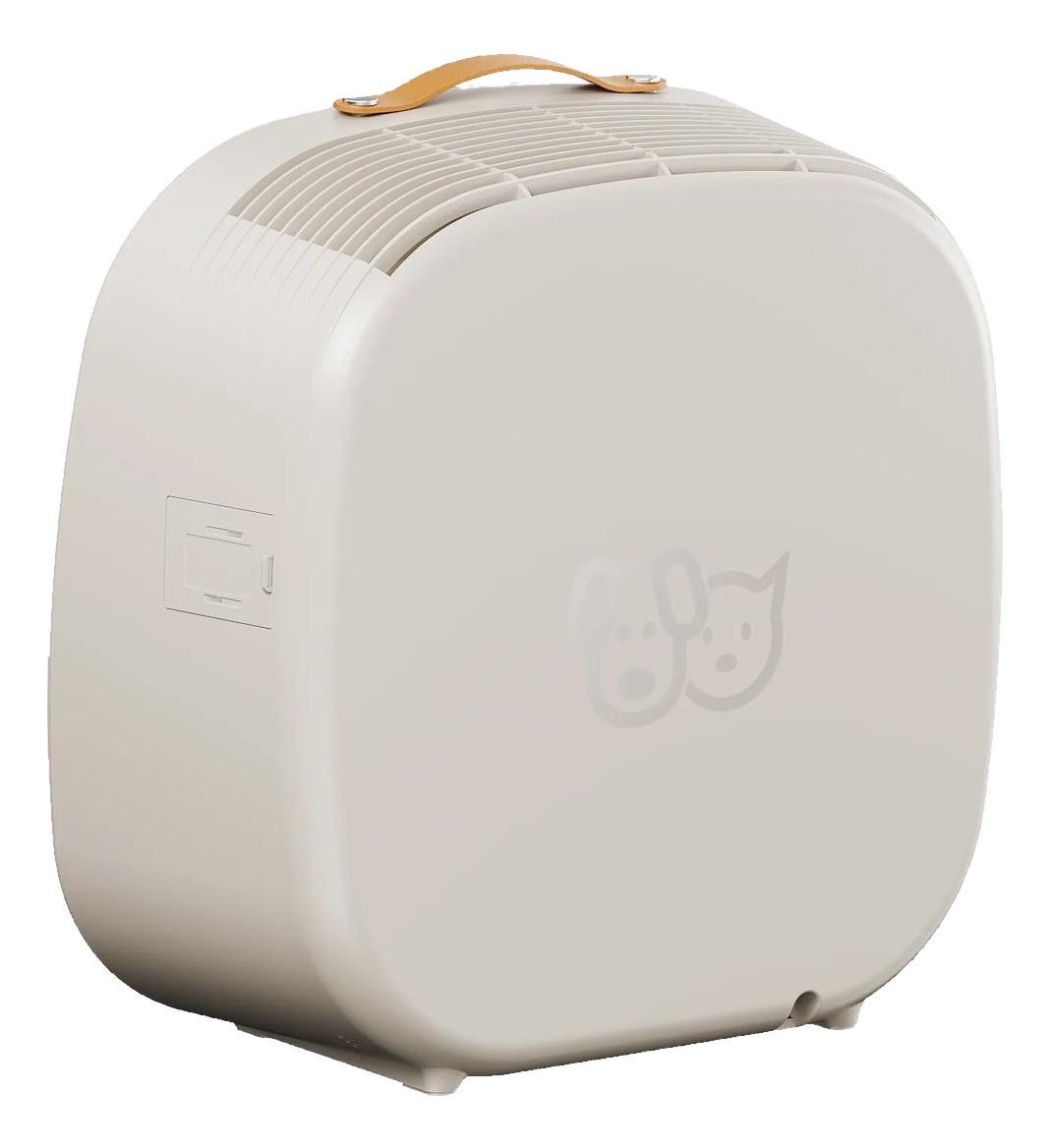 Un purificateur d'air compact de couleur claire avec poignée en cuir et motif chien/chat.