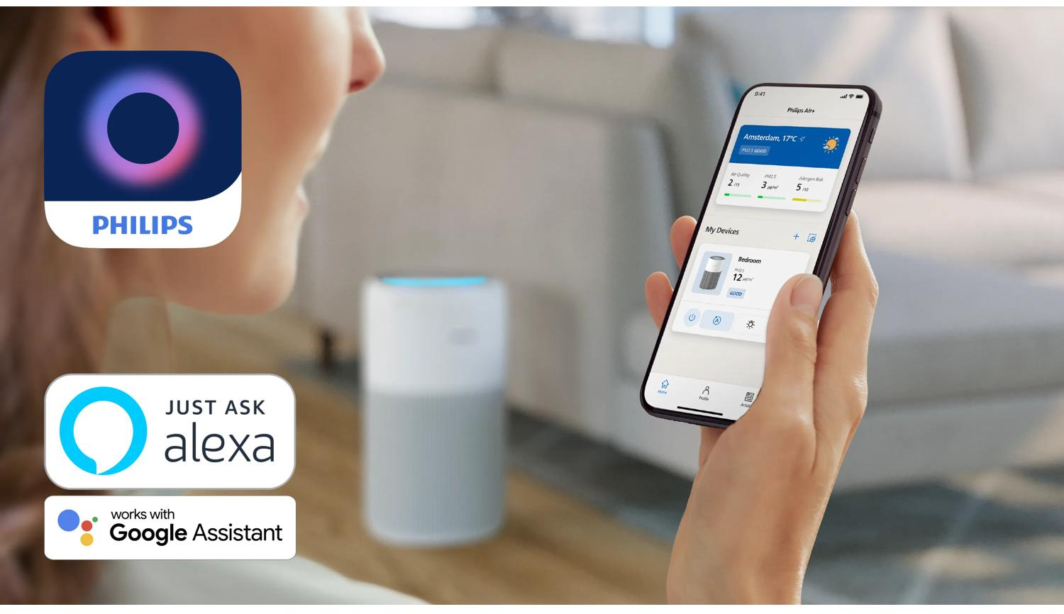 App Philips sur iPhone contrôle purificateur, affiche météo et qualité air.