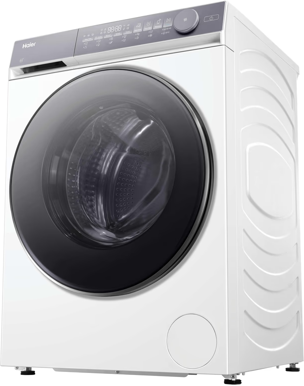 Una lavatrice Haier bianca con oblò nero e display digitale.