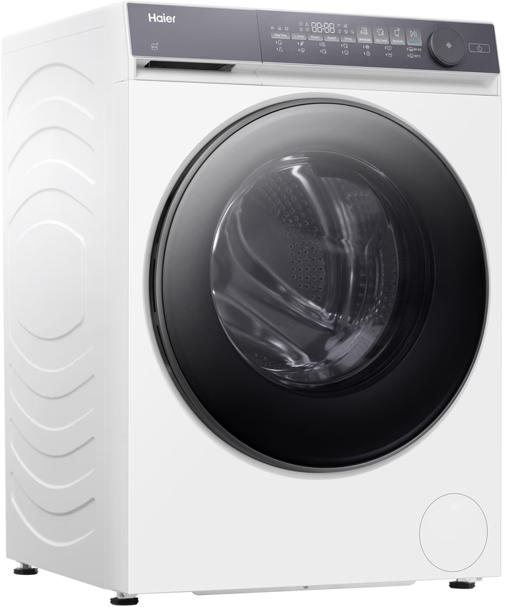Lavatrice Haier bianca con oblò nero e display digitale.