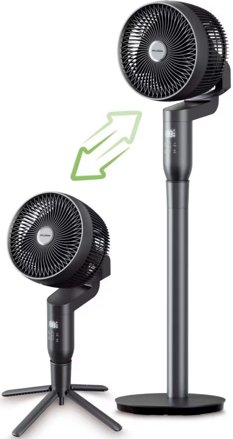 Zwei anthrazitfarbene Ventilatoren, einer auf einem Stativ, einer auf einem Ständer.