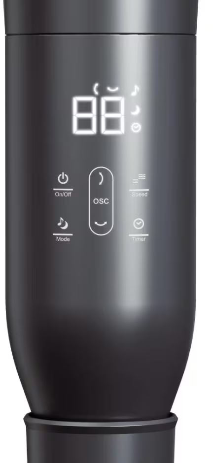 Ein dunkler Turm mit leuchtenden Symbolen: Ein/Aus, Oszillation, Modus, Geschwindigkeit und Timer.