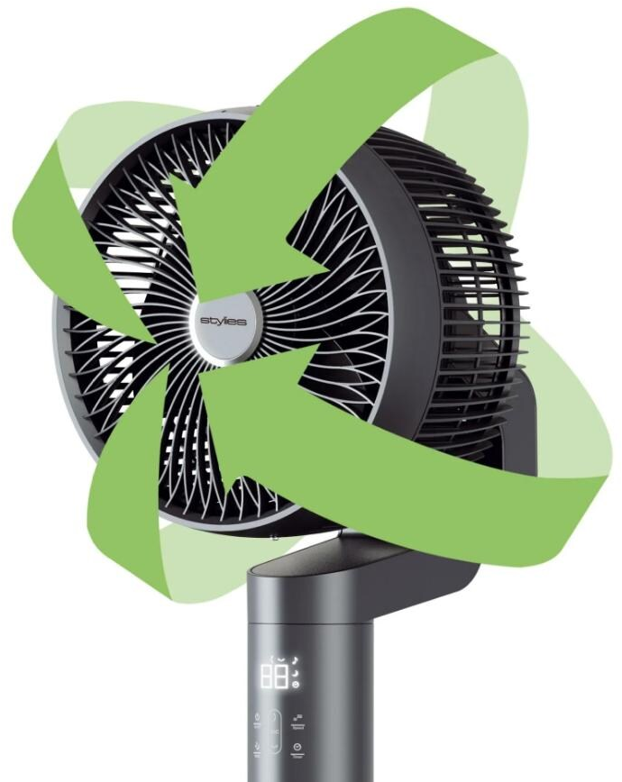 Ein schwarzer Ventilator mit grünen Pfeilen, die Luftbewegung symbolisieren.