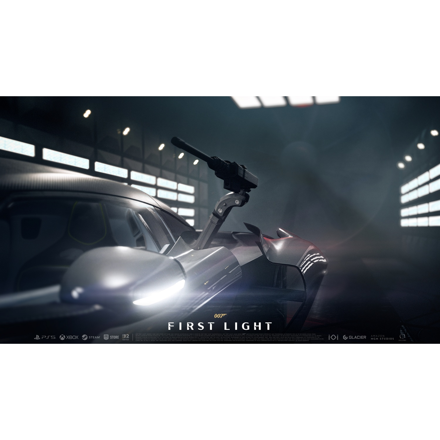 A futuristic car with a gun in a dark hangar.