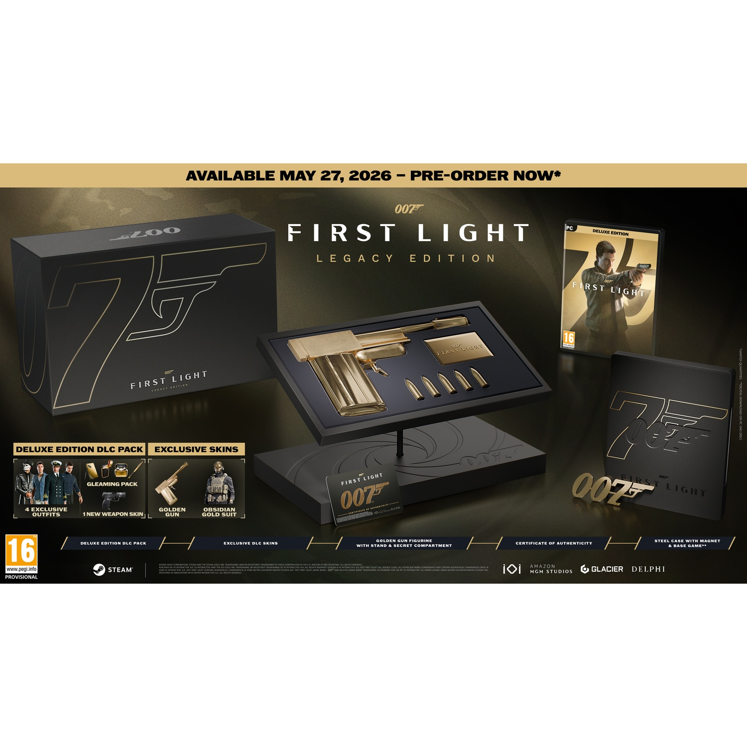 Le bundle '007 First Light Legacy Edition' avec jeu, figurine dorée et plus.