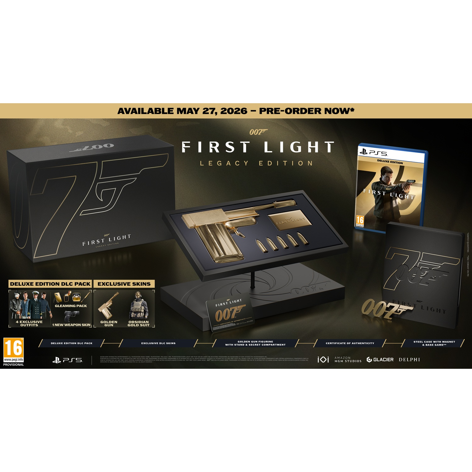 James Bond 007 First Light Legacy Edition PS5 game, gold gun, bullets, and box.