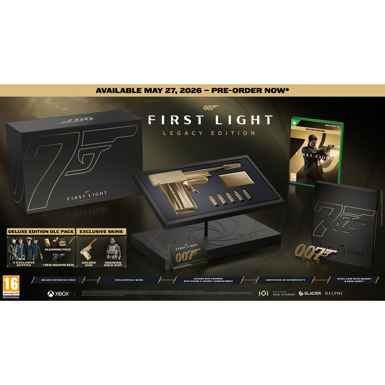 James Bond 007 First Light Legacy Edition doos, spel, gouden pistool, kogels, outfits.