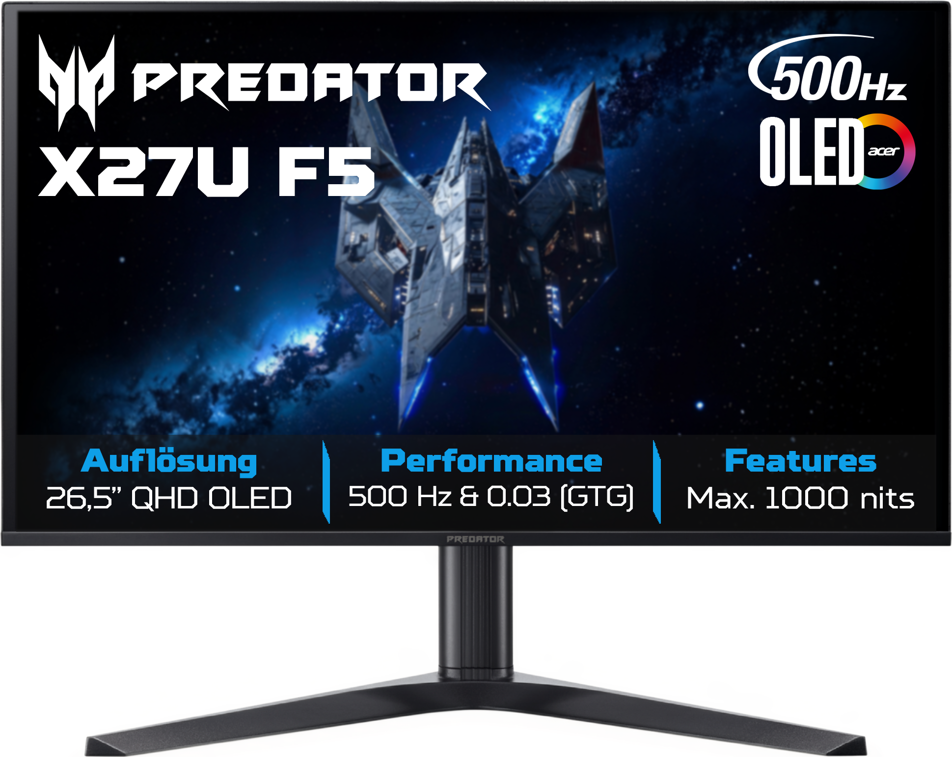 Moniteur Predator X27U F5 OLED 500Hz, 26.5" QHD, 0.03ms et 1000 nits.