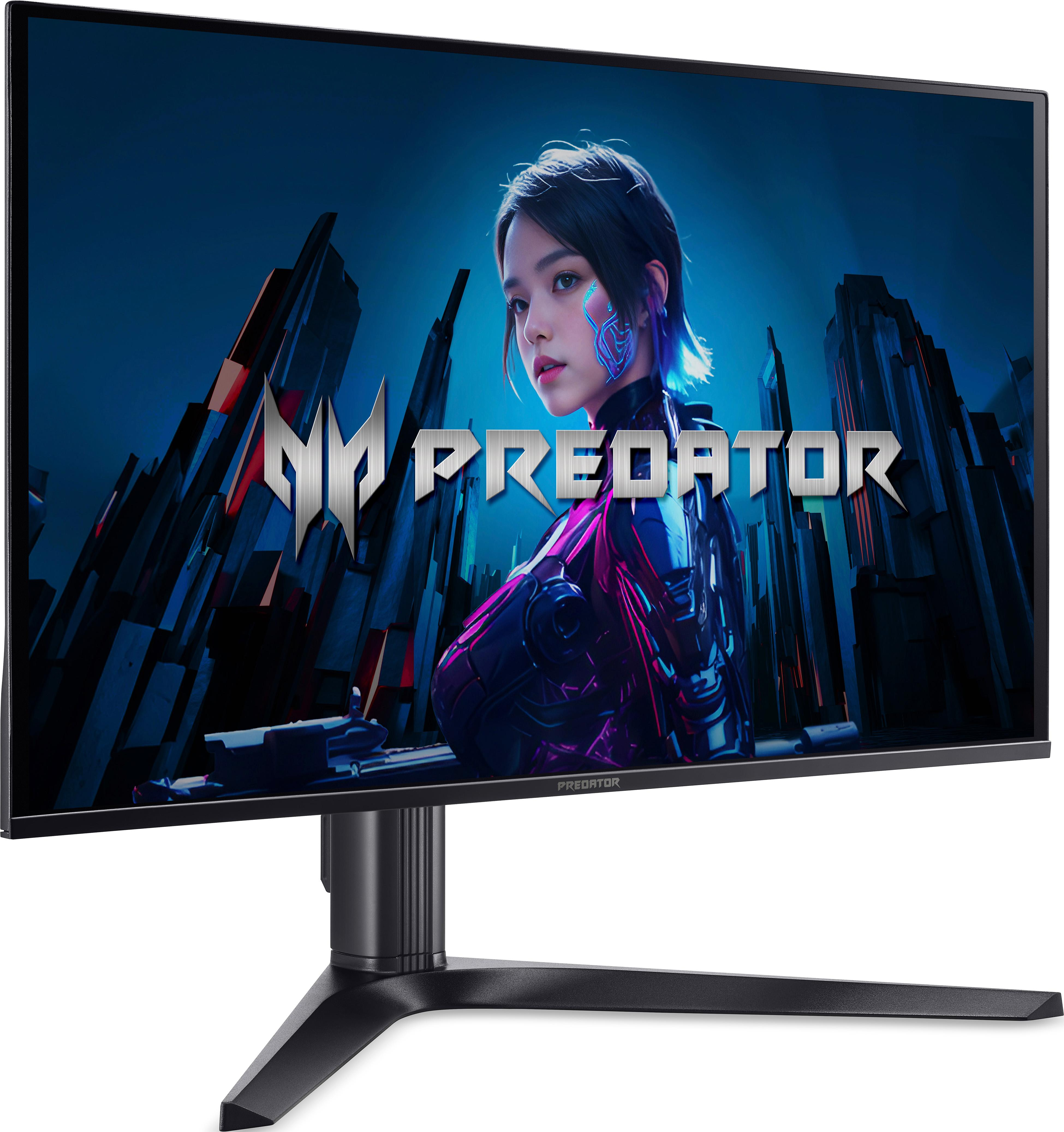 Un moniteur affiche une jeune femme au maquillage futuriste et le logo Predator.