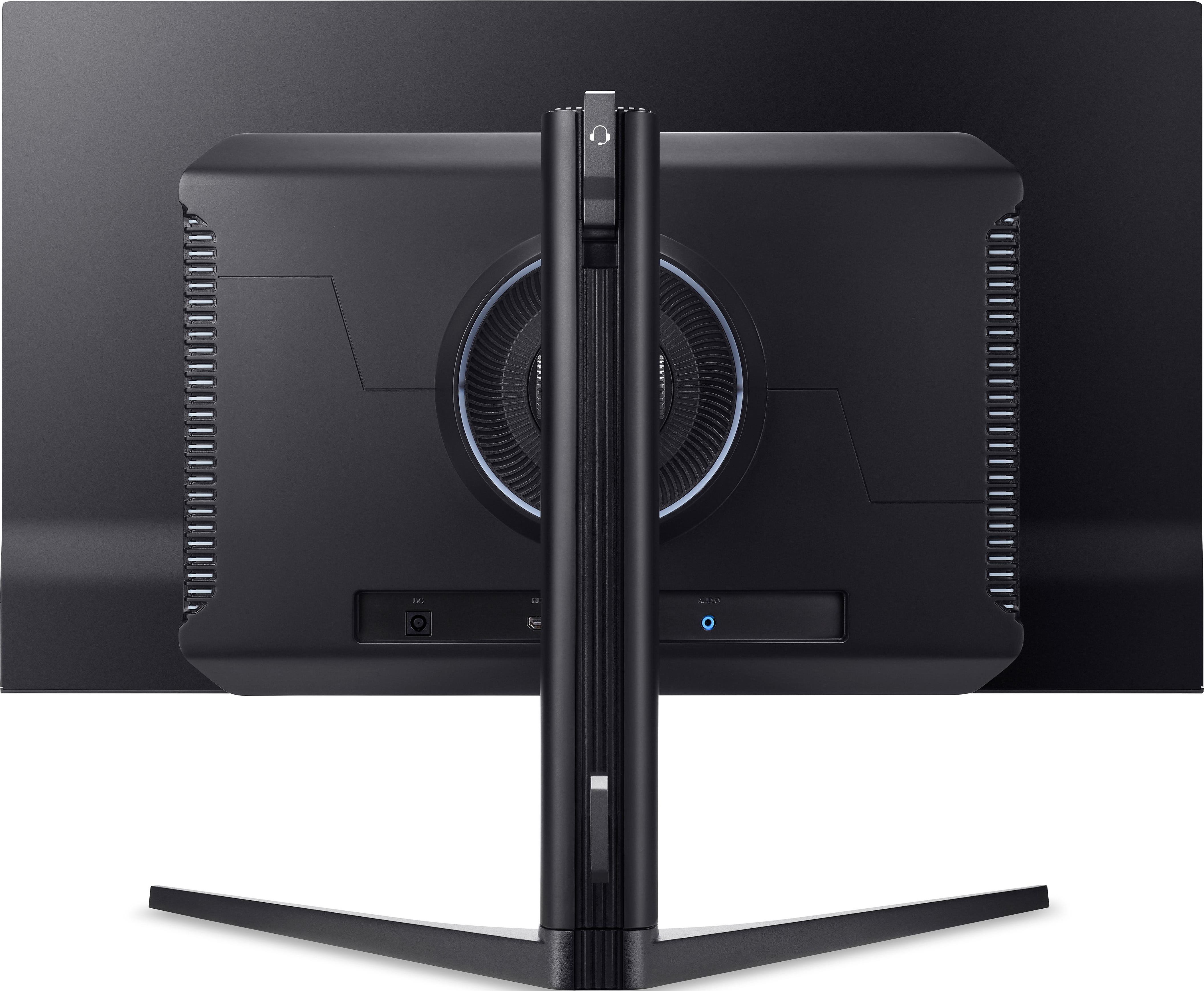 Arrière d'un moniteur noir avec support et ports.