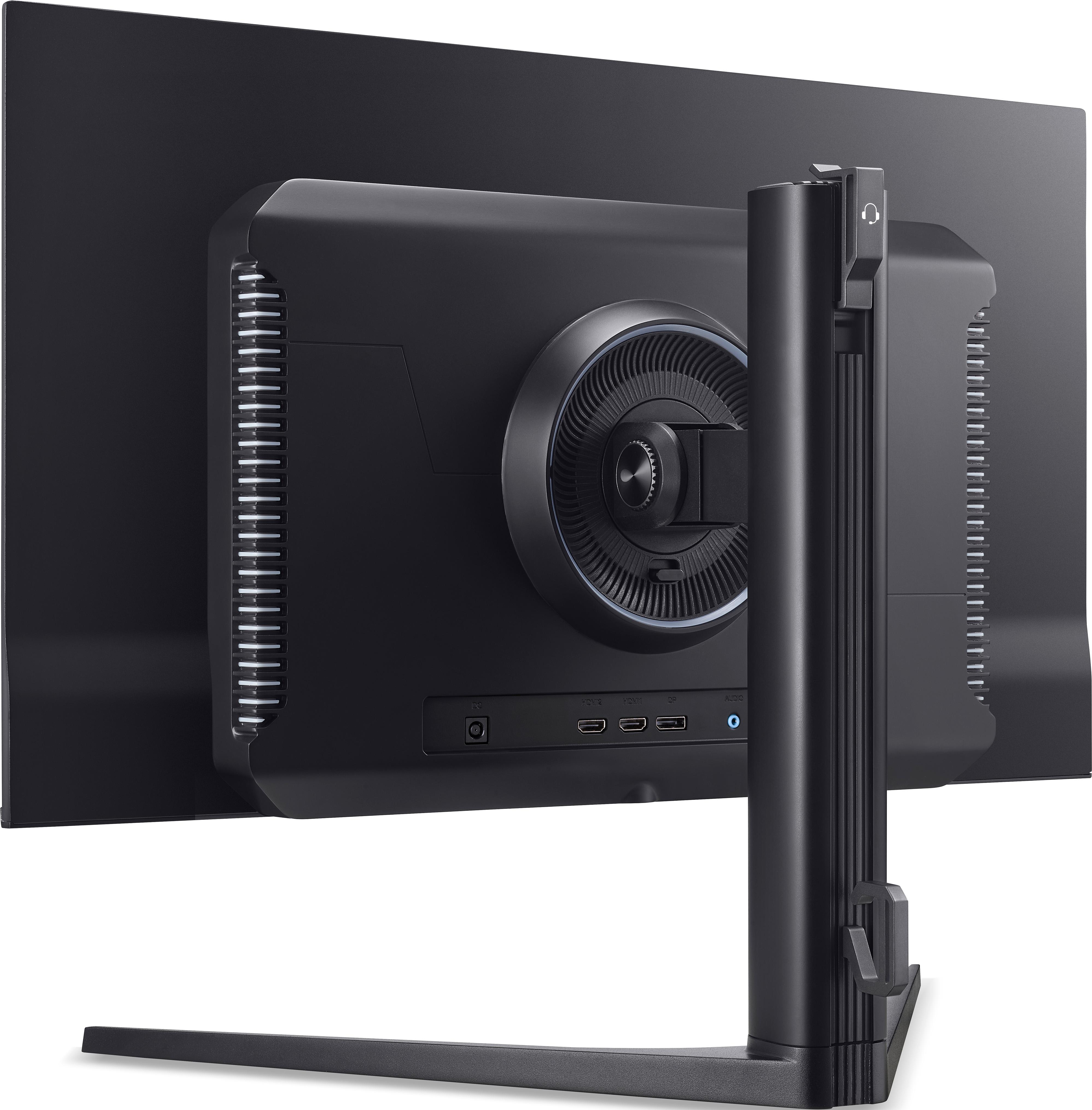 Vue arrière d'un moniteur noir montrant les ports et le support.