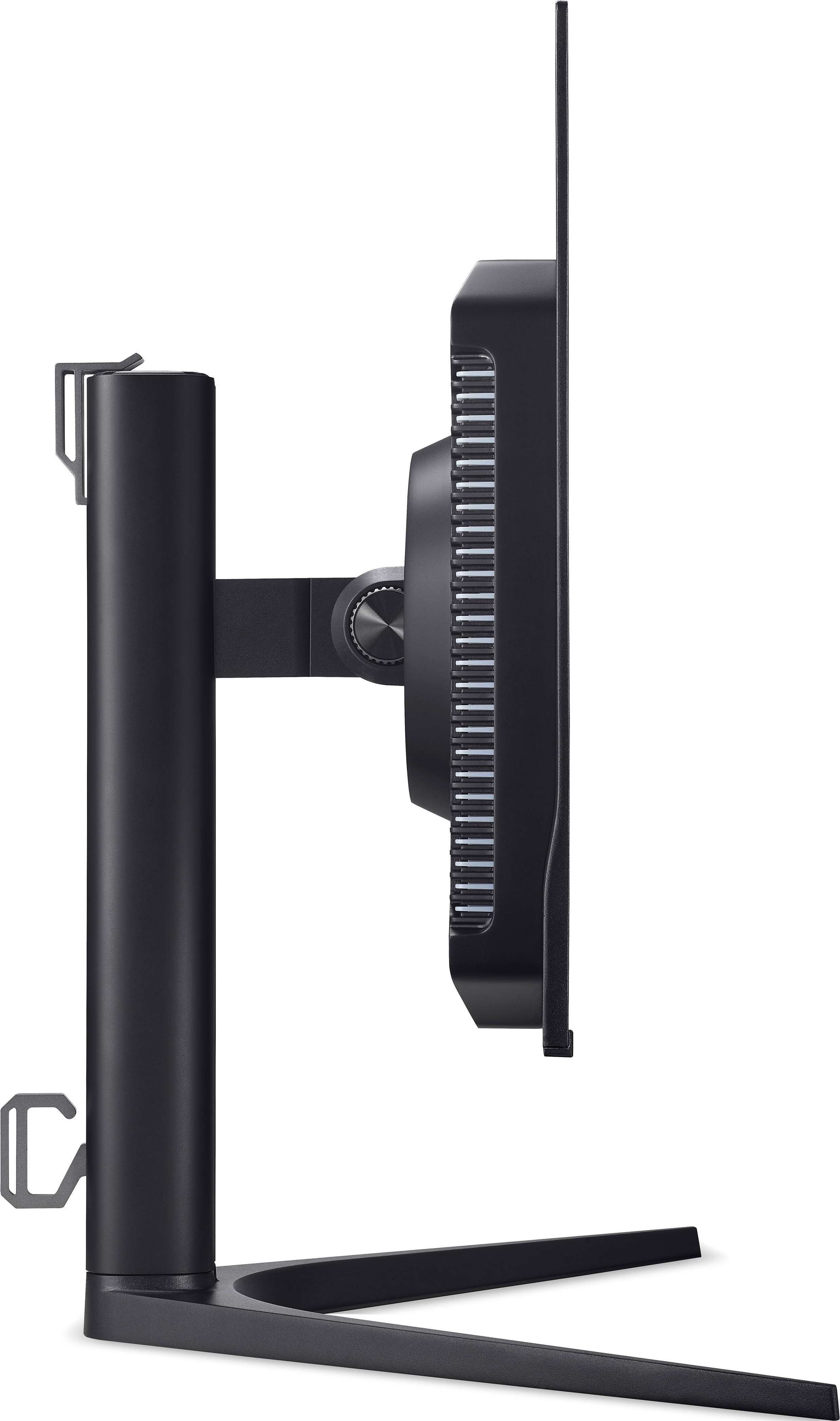 Vue latérale d'un moniteur noir avec un support réglable.