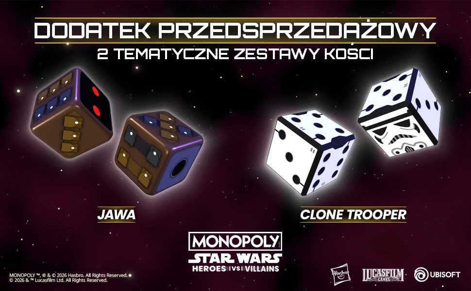 Dwa zestawy kości: Jawa i Klon Żołnierz, Monopoly Star Wars.