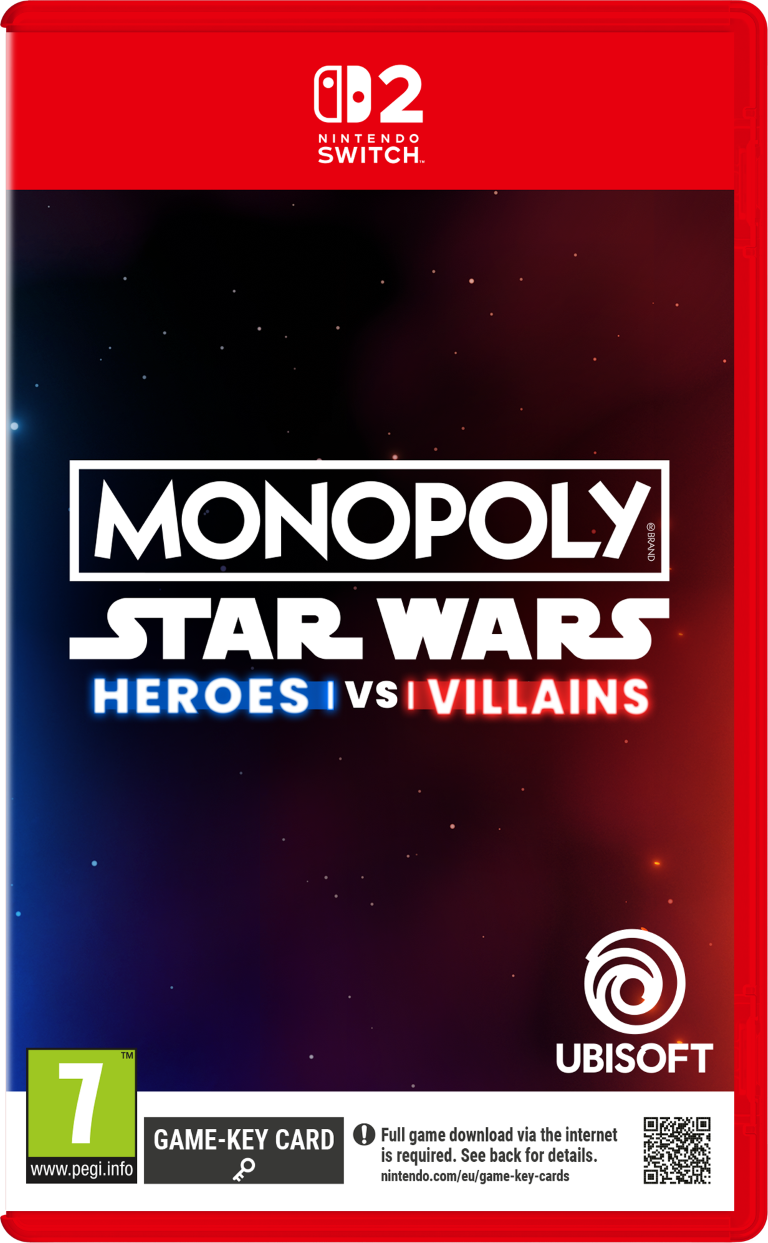 Pudełko gry Monopoly Star Wars Heroes vs Villains na Nintendo Switch z kosmicznym tłem.