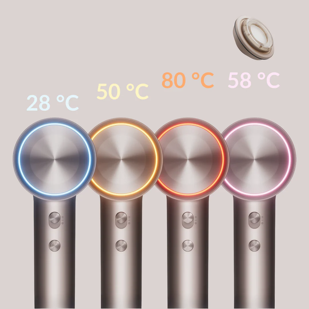 Négy hajszárító kék, sárga, piros és rózsaszín világító gyűrűkkel. Hőmérsékletek láthatók.