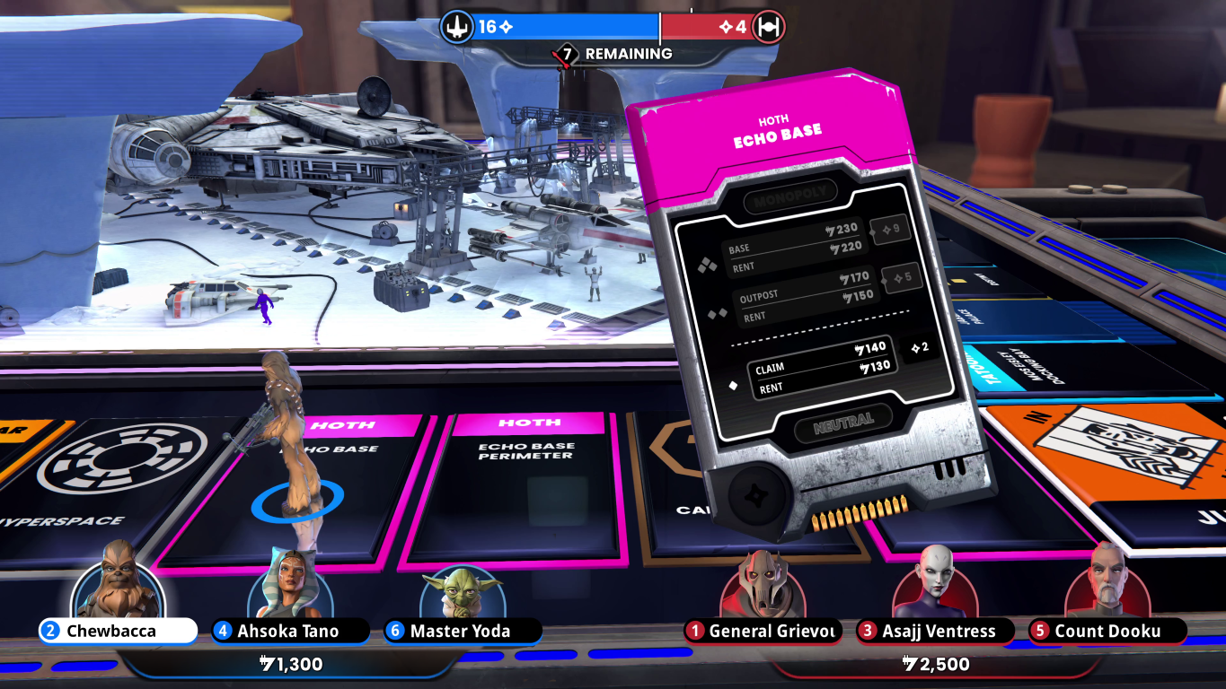 Plansza Monopoly Star Wars z Sokolem Millennium i X-wingami na Hoth.