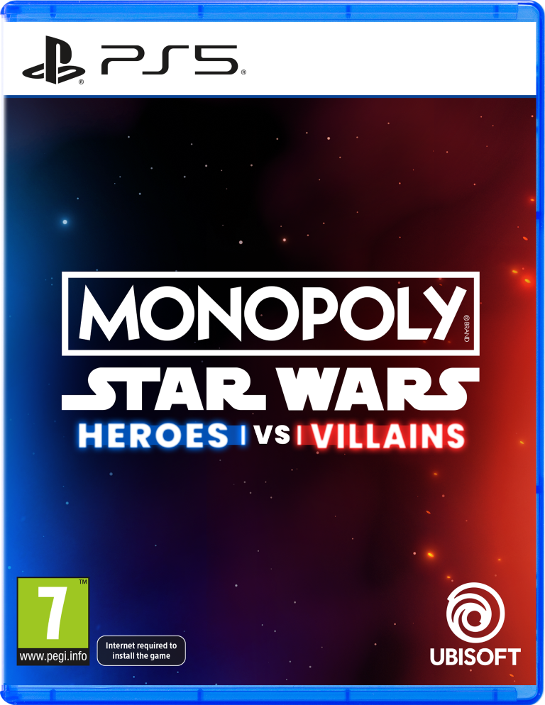 Gra PS5 "Monopoly Star Wars Heroes vs Villains" z PEGI 7 i logo Ubisoft.
