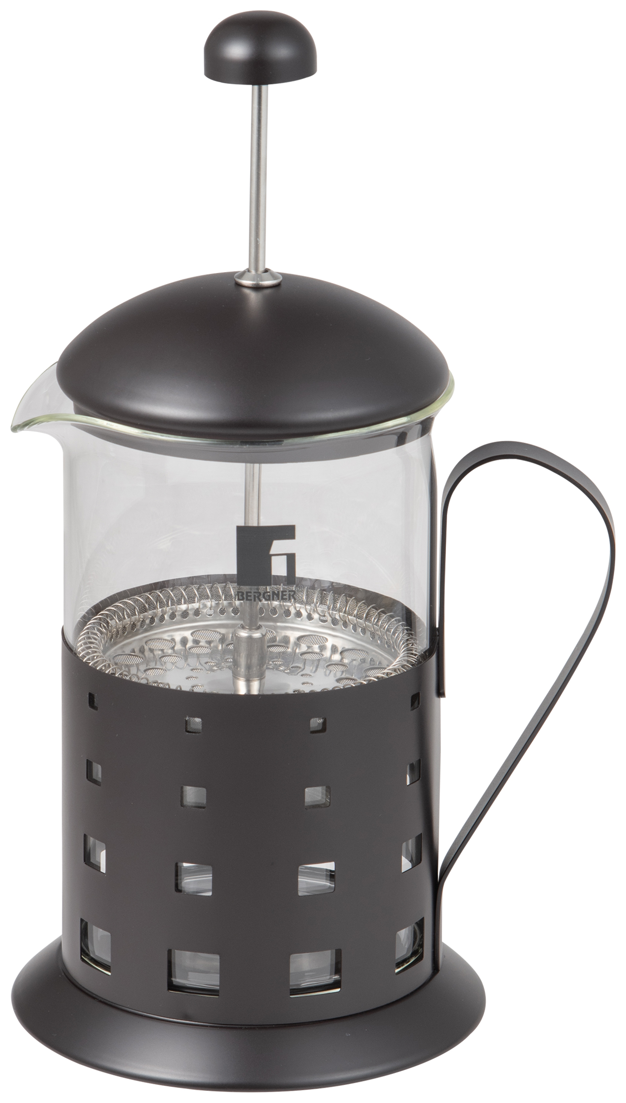 Fekete French press kávéfőző üvegkannával és fémházzal.