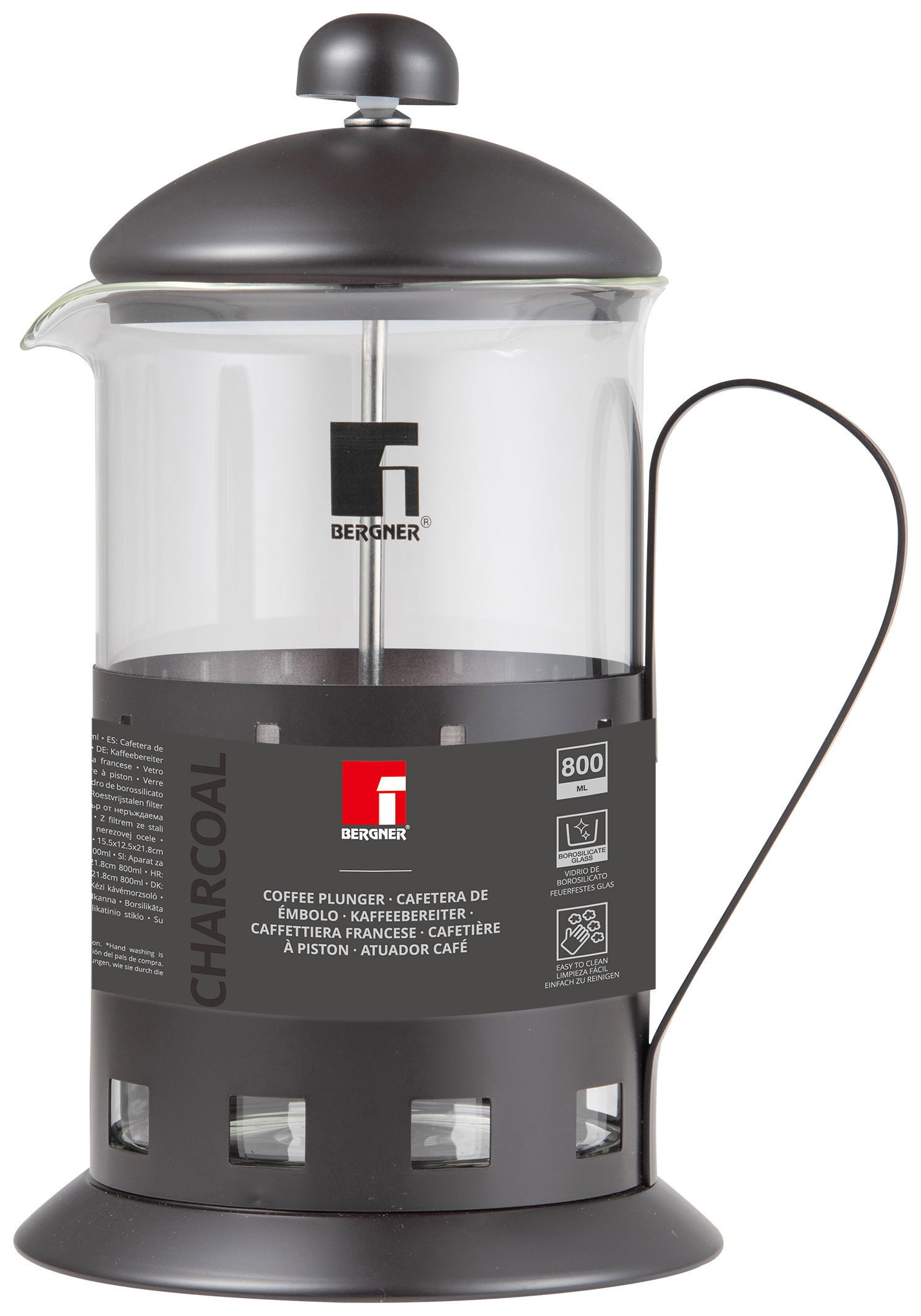 Fekete üveg French press kávéfőző ezüst dugattyúval és fogantyúval. 800 ml.