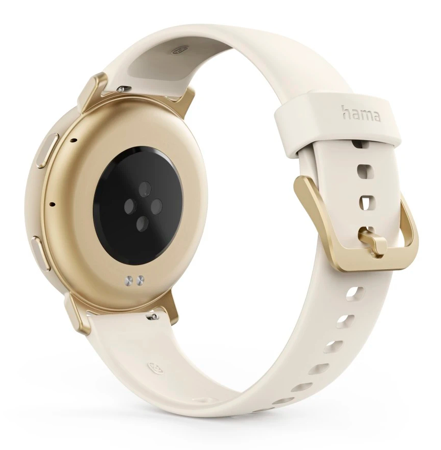 Złoty smartwatch z białym paskiem, pokazuje tył z czujnikami.