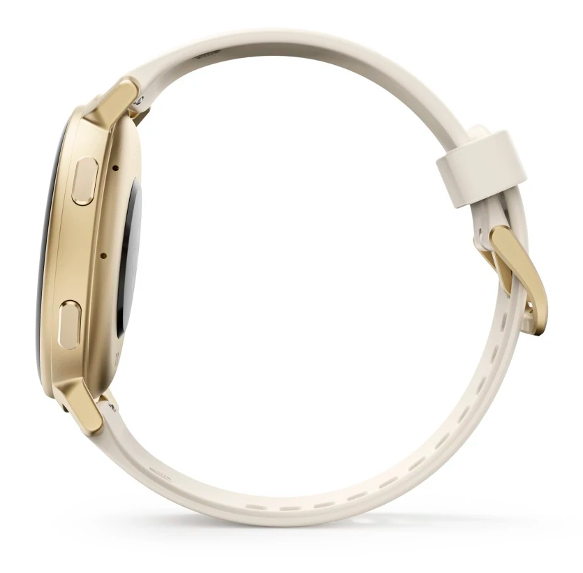 Złoty smartwatch z beżową opaską, widziany z boku.