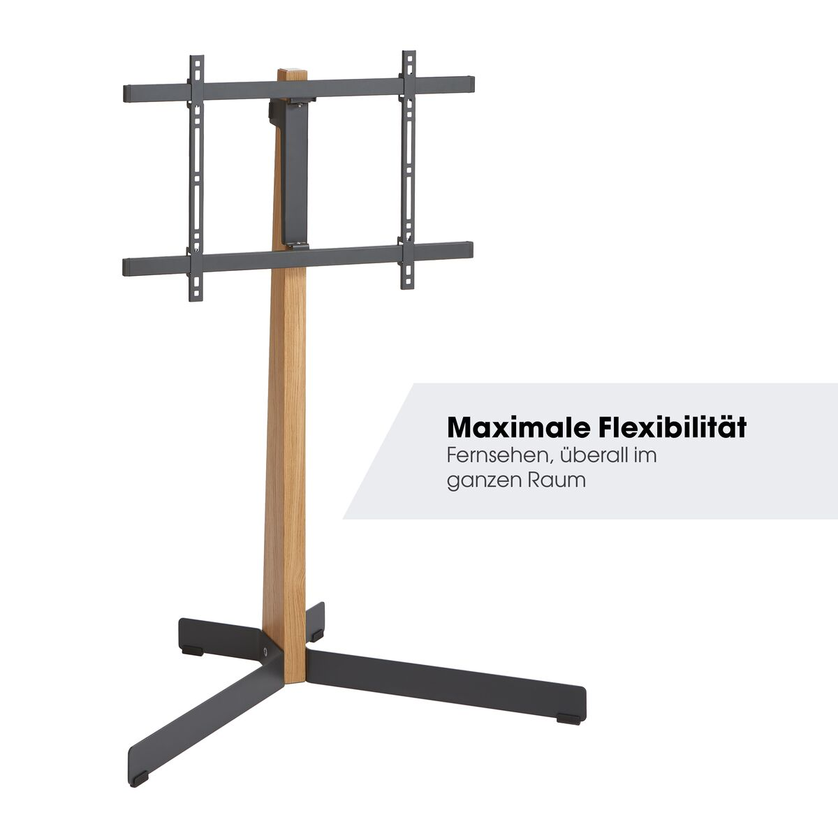 Ein freistehender TV-Ständer aus Holz und Metall mit Halterung.
