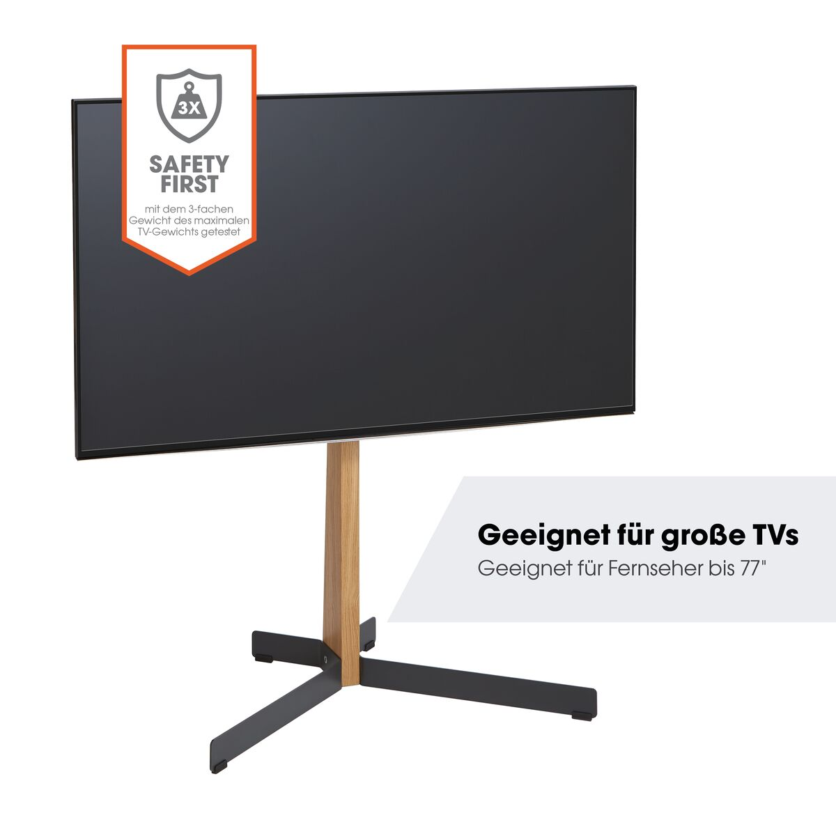 Ein schwarzer Fernseher auf einem Holz- und Metallständer, getestet für 3x Gewicht.