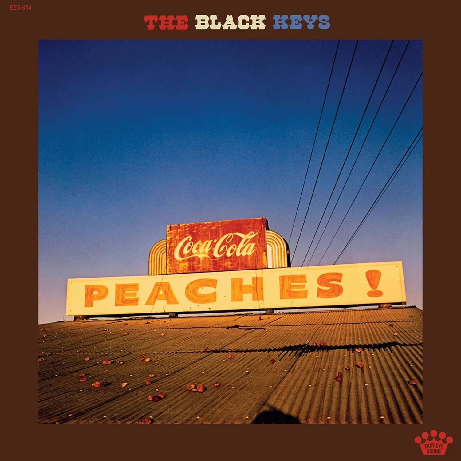 Panneau Coca-Cola au-dessus du panneau PEACHES! sur toit ondulé sous ciel bleu.