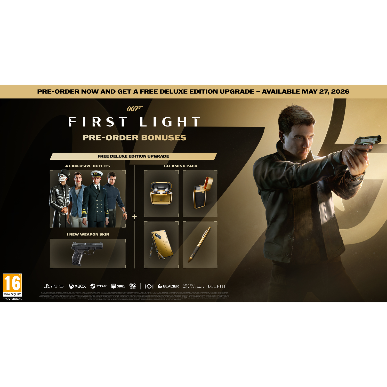 Man holding a pistol, game bonus art with outfits, weapon, and gold pack.