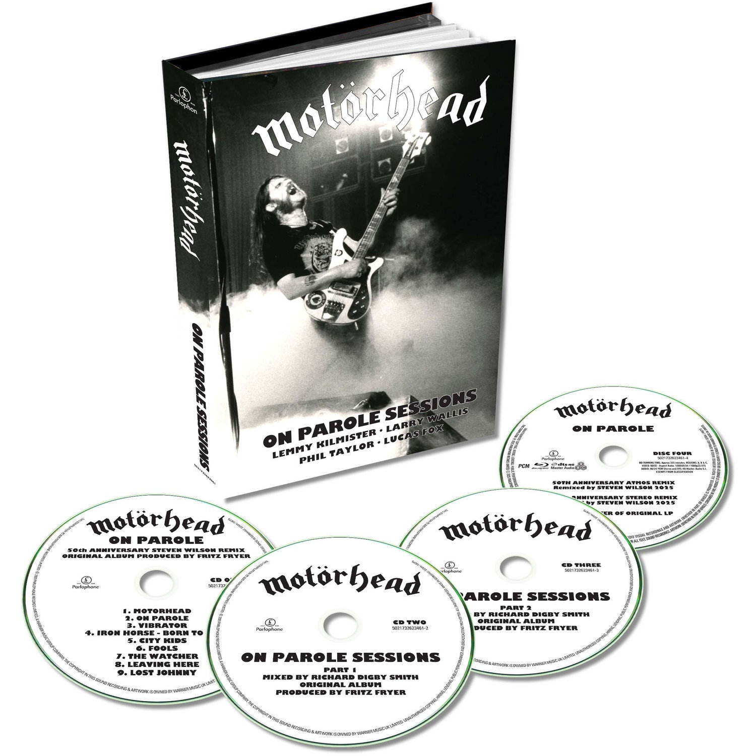 Motörhead "On Parole Sessions" boek en cd's, met bandfoto, tracklist en remixinfo.